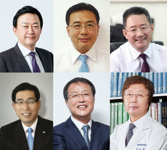 (왼쪽 위부터 시계방향으로) 존림 삼성바이오로직스 대표, 신영섭 JW중외제약 대표, 노병태 대화제약 대표, 권세창 한미약품 대표, 기우성 셀트리온 대표, 성석제 제일약품 대표.  각사 제공